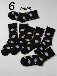 6 Pairs Cartoon Pattern Mid-Calf Socks, Cute Fitted Design, All Seasons Wear, Comfortable and Stylish Footwear Accessories