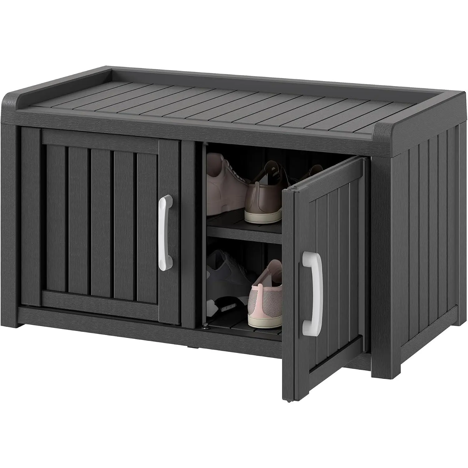 Outdoor Shoe Storage Cabinet, Waterproof UV-Resistant Entryway Storage Bench Indoor Outdoor with 2 Barn Doors, Adjustable Shelves for Entryway, Bedroom, Hallway,Living Room(Black)
