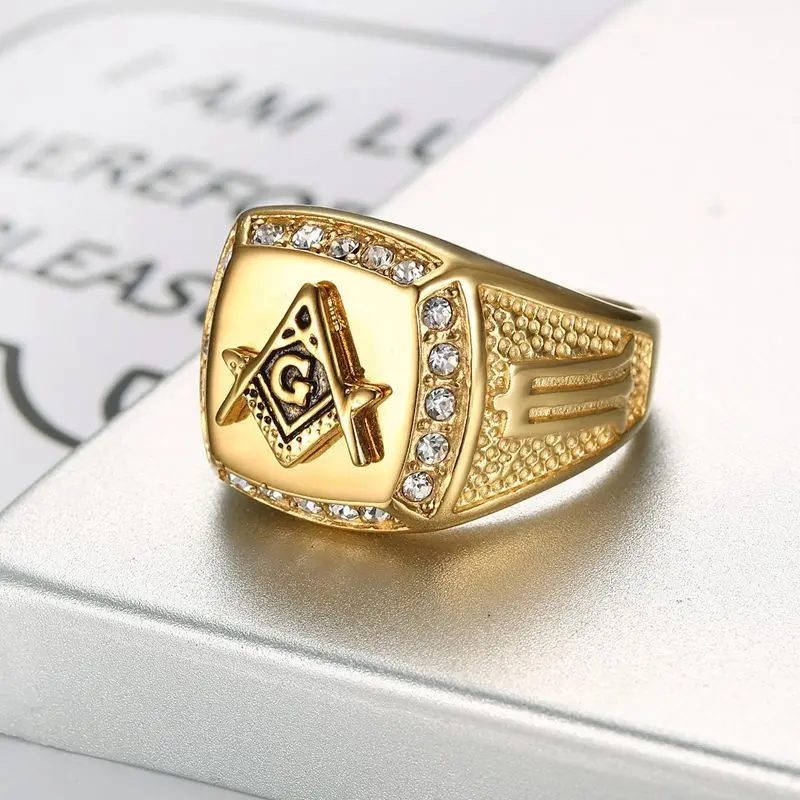 Best-selling classic retro Masonic AG titanium steel vacuum gold-plated rhinestone men's ring Gold Plated CZ