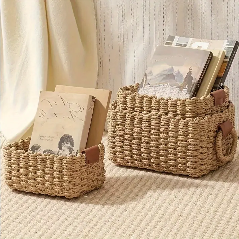 1pc Woven Storage Basket with Sturdy Handles, Multi-Purpose Organizer Bin, Natural Texture Handmade Look Basket for Cabinet, Drawer, Bedroom, Living Room, Laundry Basket