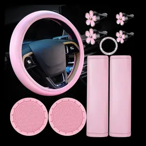 Women's Solid Color Girly Car Accessories Set - Pink Steering Wheel Cover, Cute Coaster, Seat Belt Cushion, Car Interior Decoration for Daily & Travel Use