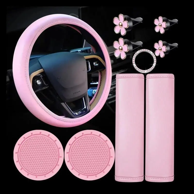 Women's Solid Color Girly Car Accessories Set - Pink Steering Wheel Cover, Cute Coaster, Seat Belt Cushion, Car Interior Decoration for Daily & Travel Use
