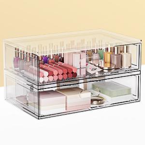 makeup organizer,makeup storage organizer,cabinet locks,3-Tier Transparent Cosmetic Organizer (with Drawers) Meticulously crafted from elegant white acrylic, this beauty display stand is the ideal choice for vanity tables and bathroom countertops.