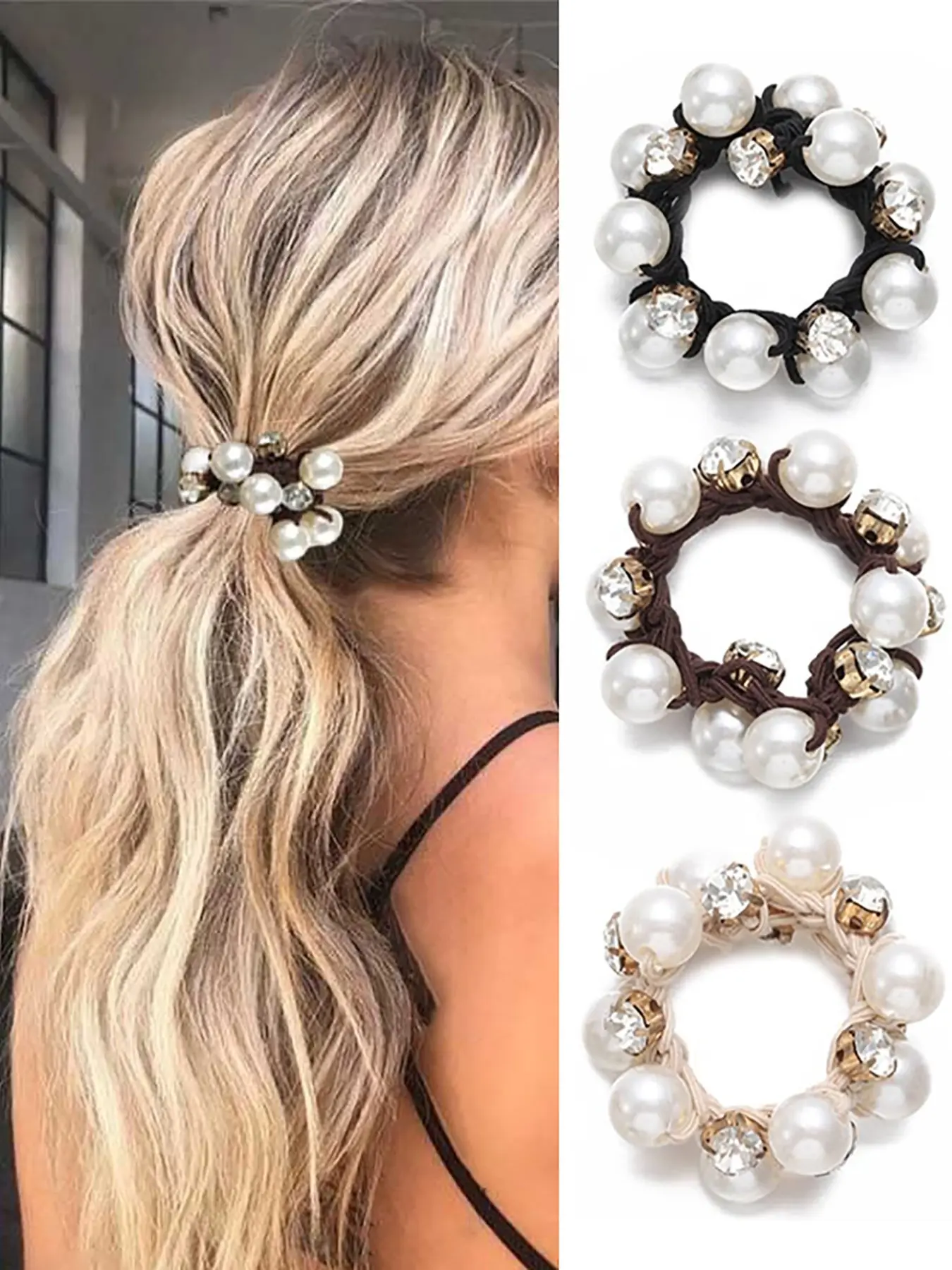 3pcs Women's Elegant Pearl Rhinestone Hair Elastic Bands, Perfect for Ponytail Holders, Stylish Accessory for Daily Use, Summer Hair Accessories