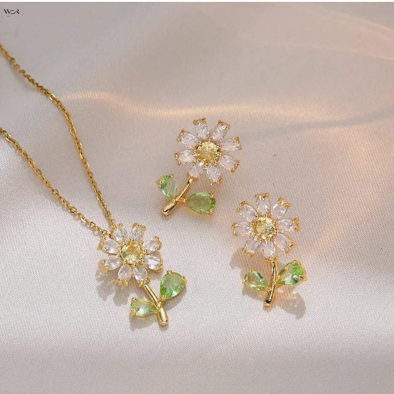 8 Variants Crystal Daisy Jewelry Set, Gold/Steel Tone Floral Pendant Necklace & Stud Earrings with Green/Purple Zircon, Dainty Botanical Matching Jewelry for Daily Gifting