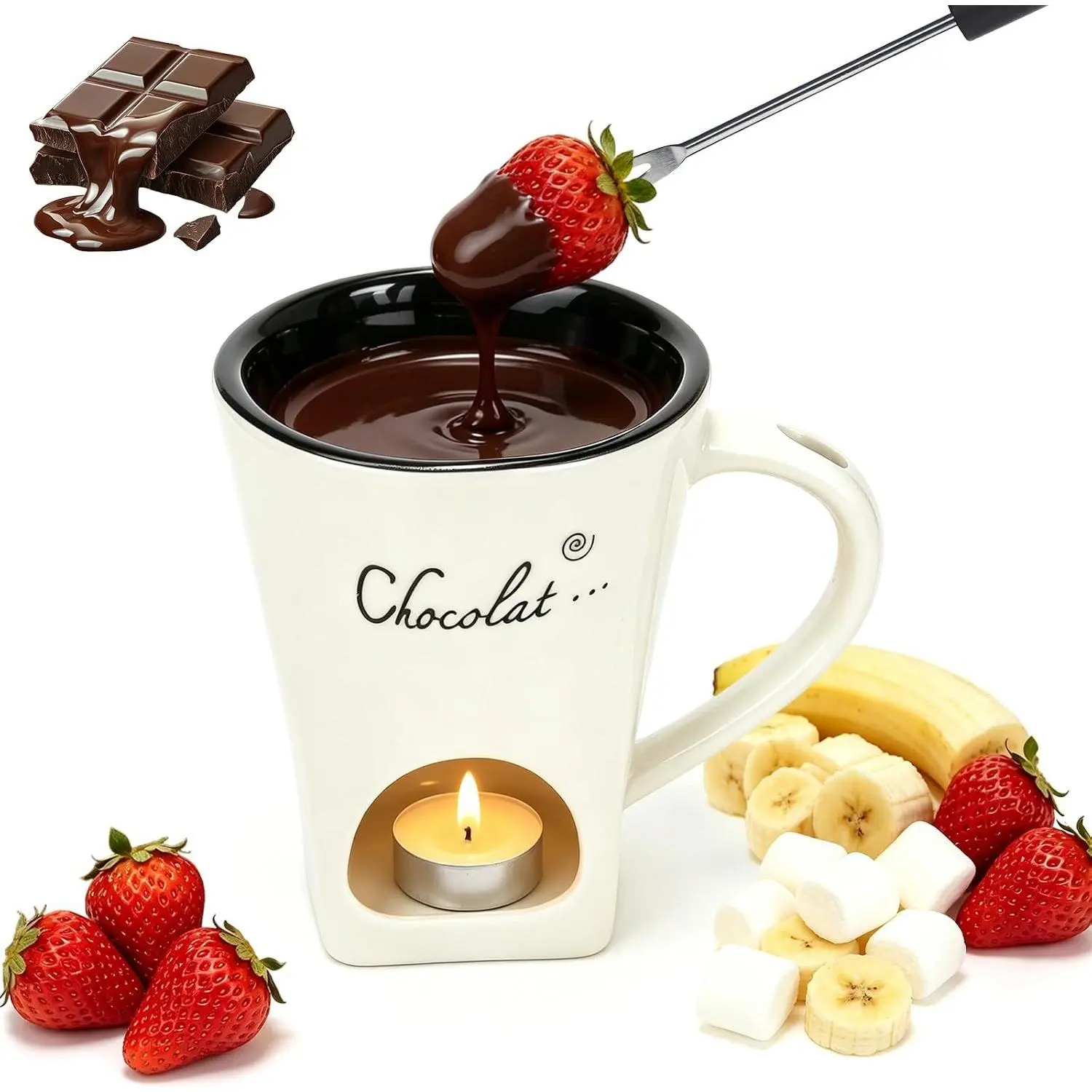Ceramic Chocolate Fondue Mug with Fork - Personal Sweet Ceramic Chocolate Melting Cup Ideal Gift for Birthday Date Night Wedding, White