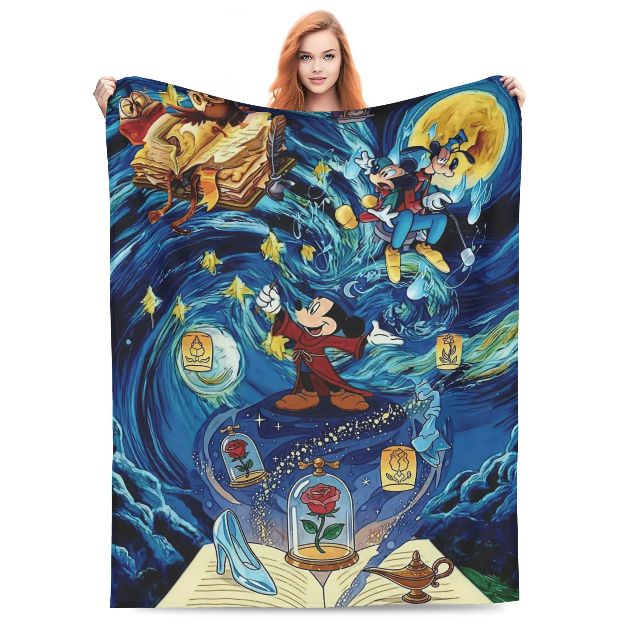 DISNEY CLASSIC Sorcerer Mickey Mouse Starry Night Throw Blanket, Multi Disney Classic Story Magic Book Rose Glass Slipper Aladdin Lamp Swirl Sky Print Flannel Fleece Blanket Soft Cozy Blanket for Sofa Bed Gift for Kids