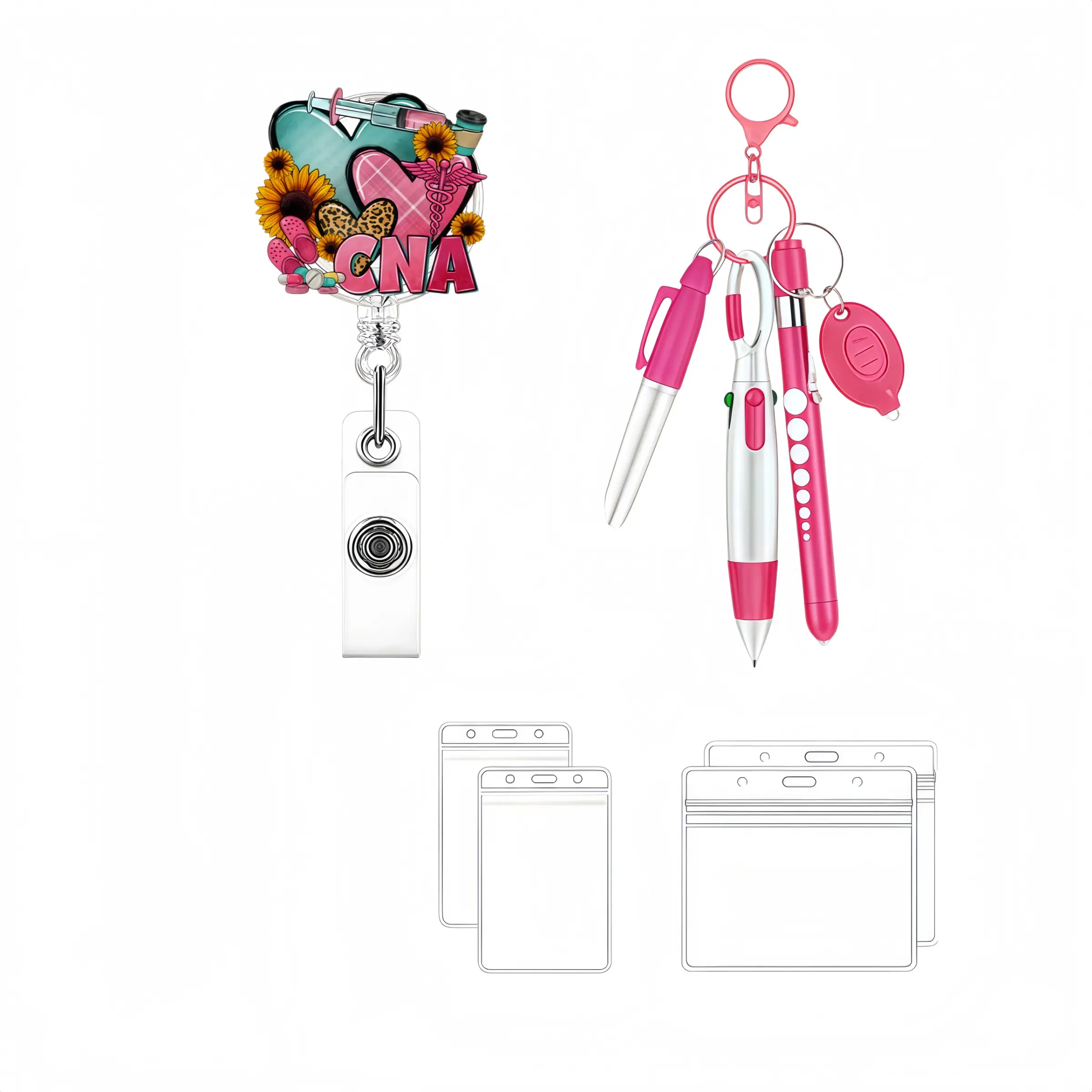 Sunflower Leopard Heart Cna Retractable Badge Reel Gift Set, Includes Pen and ID Card Holder, Ideal for Office, Nurses, Doctors, Staff