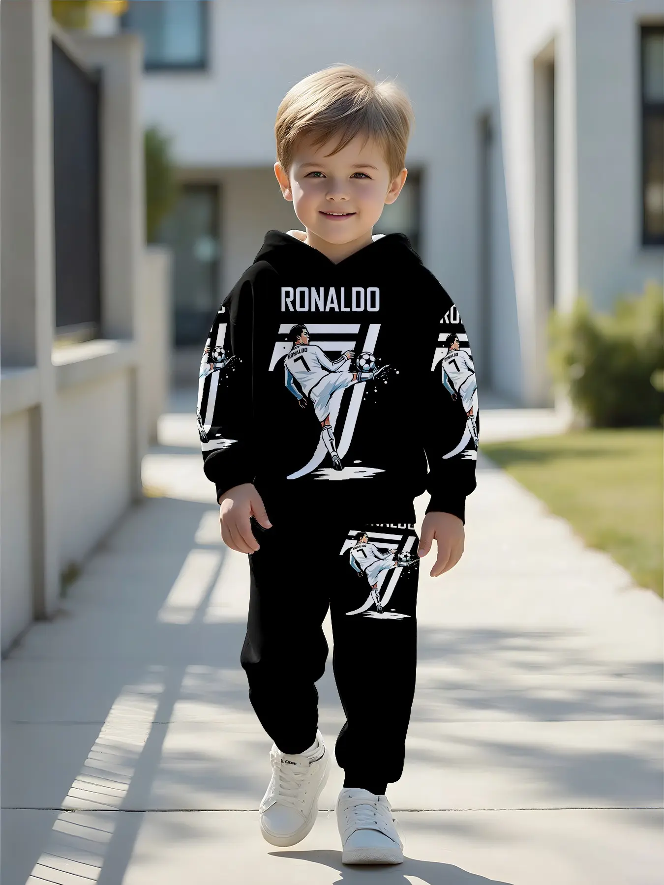 Ronaldo 7 Goal Cartoon Print Hoodie Set, Boys' Football Star Long Sleeve Loose-Fit Sportswear, Kids' Casual Two-Piece