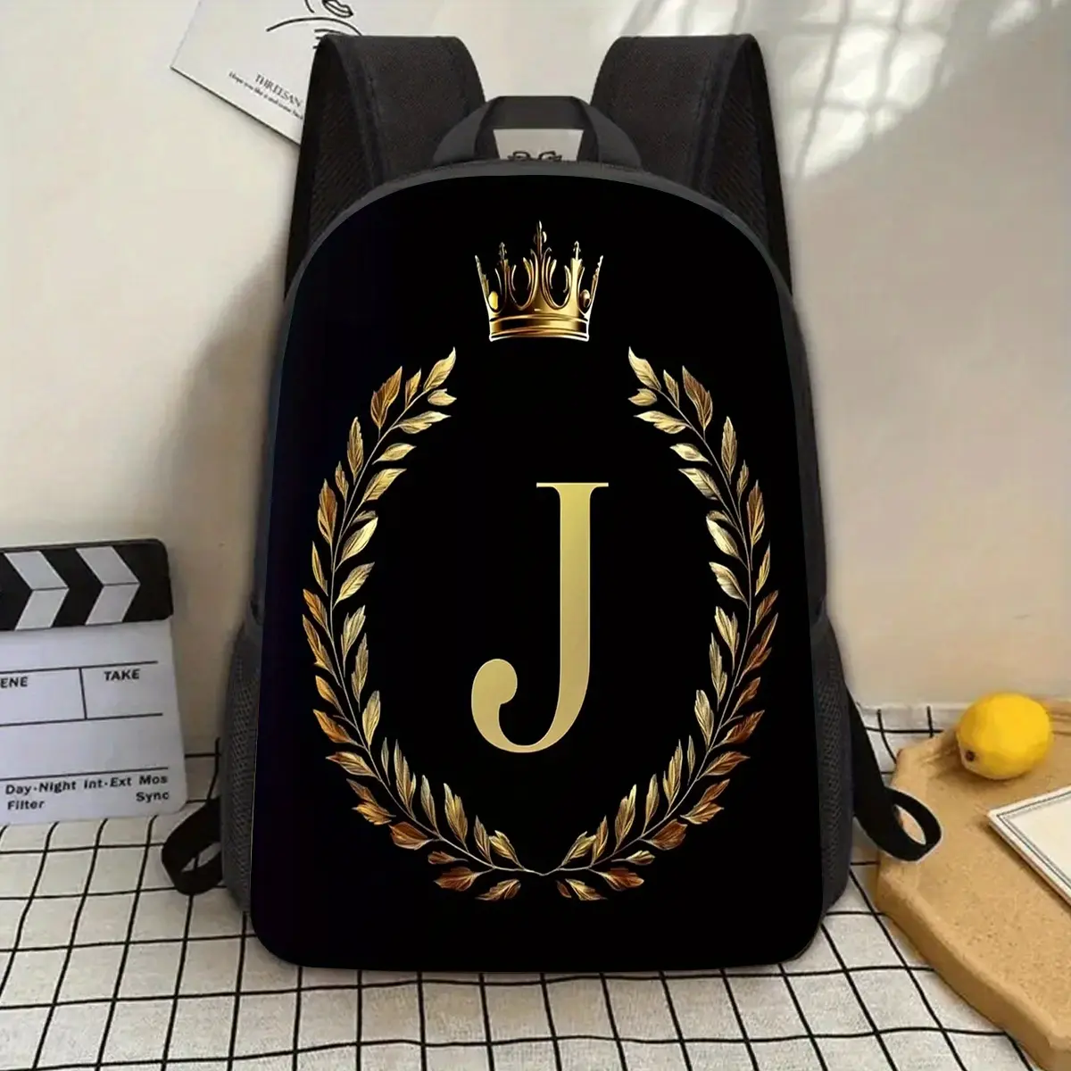 1pc Elegant Black Backpack with Golden "J" and Crown Design - 17-Inch Large Capacity, Adjustable Shoulder Straps, Laptop Compartment, Water Bottle Holder - Durable Lightweight School, Work, Travel Backpack - Unique Gift for Men, Women, Family & Friends (M