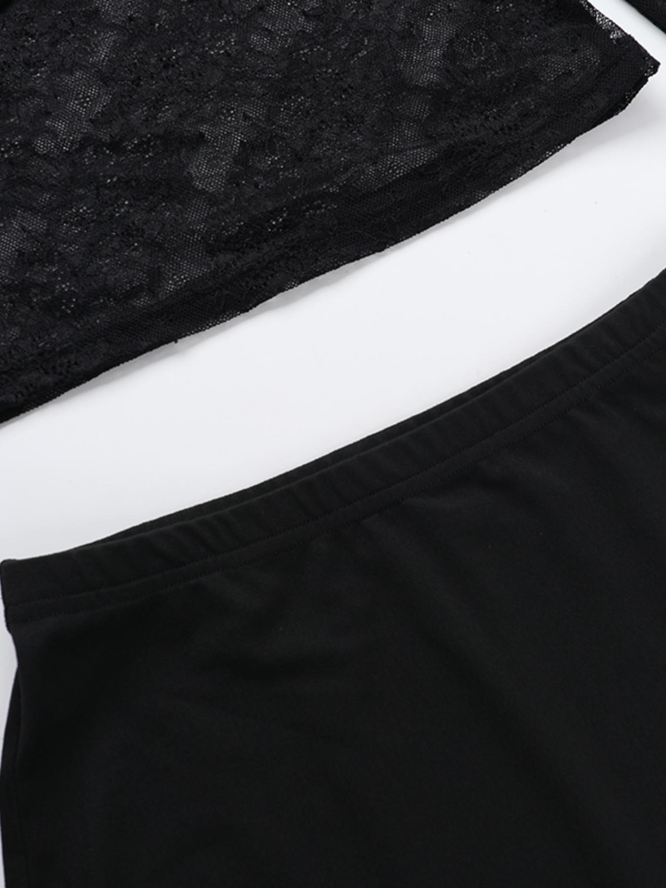 Women's Lace Sheer Longsleeves Top & Skirt Two-piece Set, Long Sleeve Round Neck Top & Skirt, Ladies Clothes for All Seasons, Womenswear, Matching Sets, Skirts Sets, Fall outfit