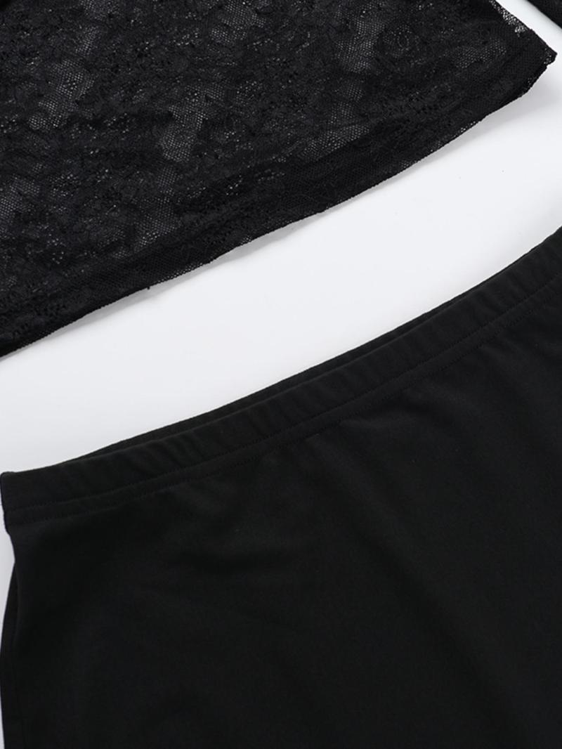 Women's Lace Sheer Longsleeves Top & Skirt Two-piece Set, Long Sleeve Round Neck Top & Skirt, Ladies Clothes for All Seasons, Womenswear, Matching Sets, Skirts Sets, Fall outfit