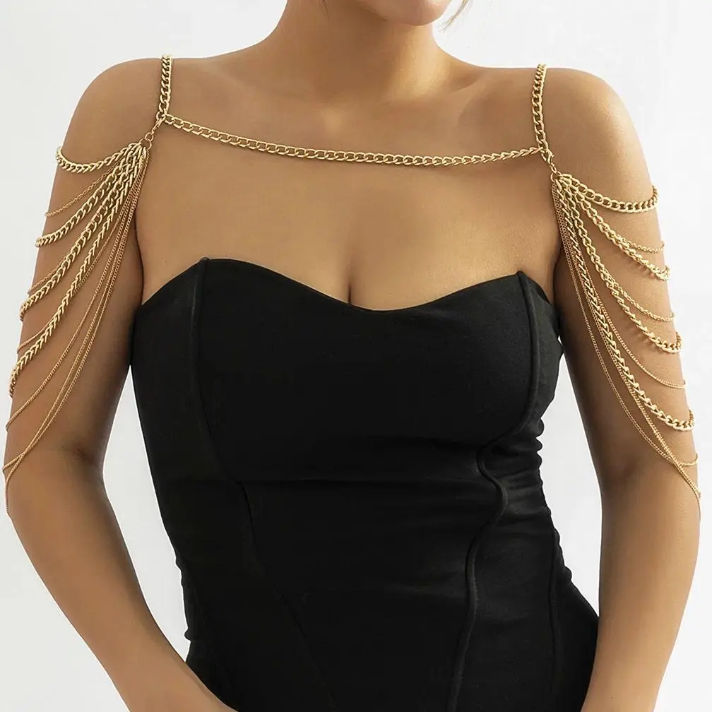 IngeSight.Z Women's Multilayer Gold Metal Chain, Punk Look Shoulder Chain with Long Tassels, Body Jewelry for Party Gifts