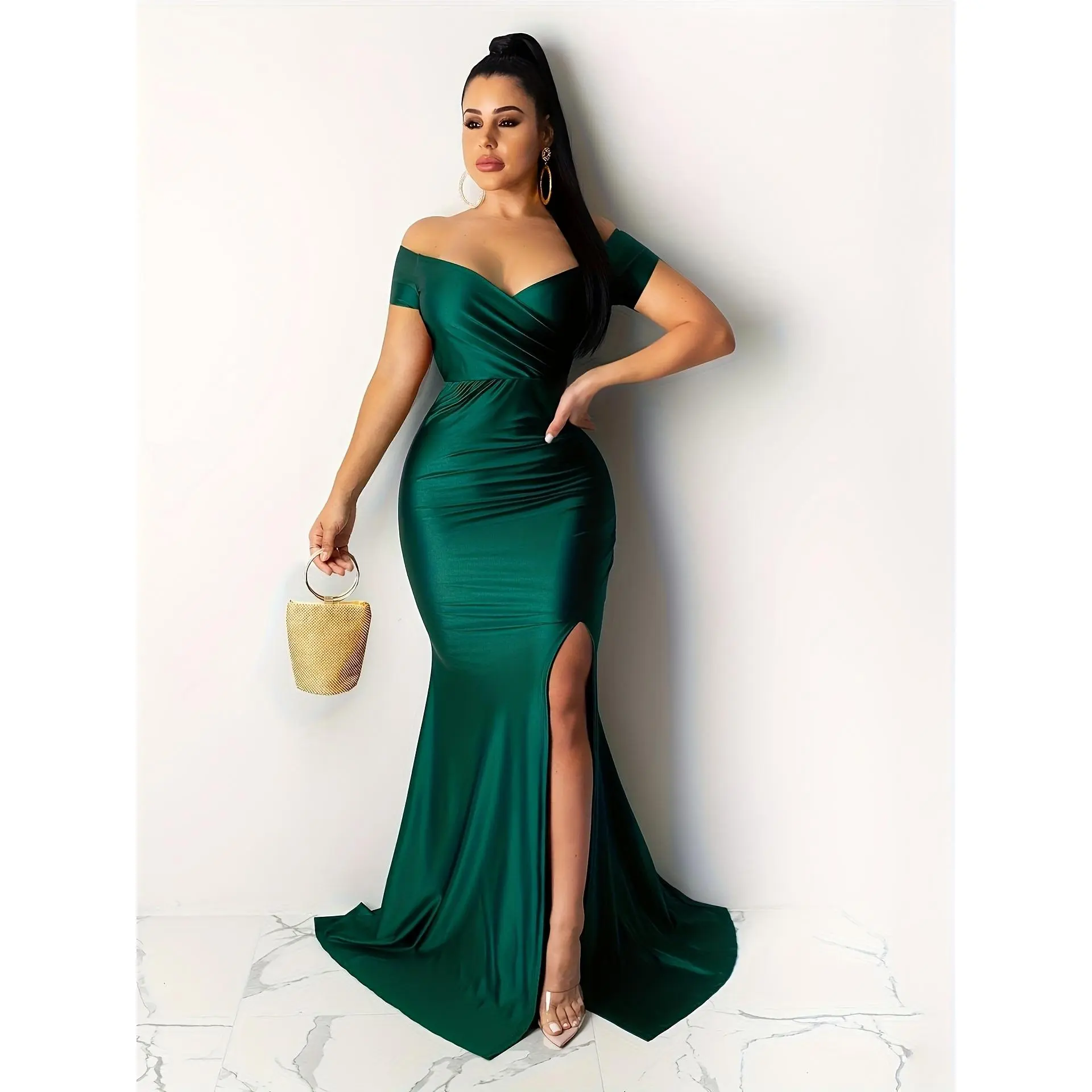Cross-Border European And American Women'S Dress Sexy Dress Nightclub V-Neck Formal Dress Solid Color High Slit Long Dress Spring Summer Short Sleeve QR7489