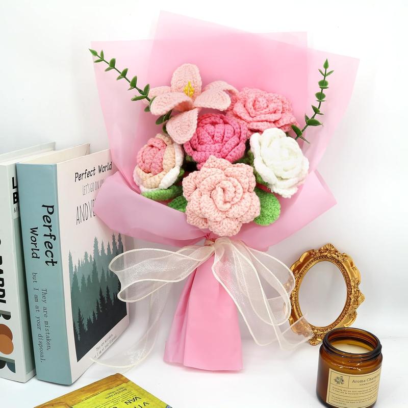 Handmade Crochet Sunflowers Rose Daisy as a  for Lover, Family,Friends. Crochet Bouquet, Crocheted Yarn , Artificial Flower Finished Bouquet (Pink)