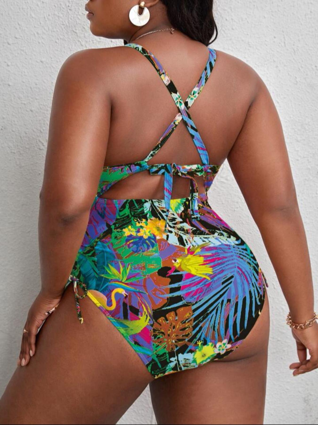 Plus Size Tropical Print Criss Cross Cut Out One-piece Swimsuit, Boho Tie Side Sleeveless High Stretch Swimwear For Beach Holiday Vacation, Women's Plus Size Swimsuit For Summer