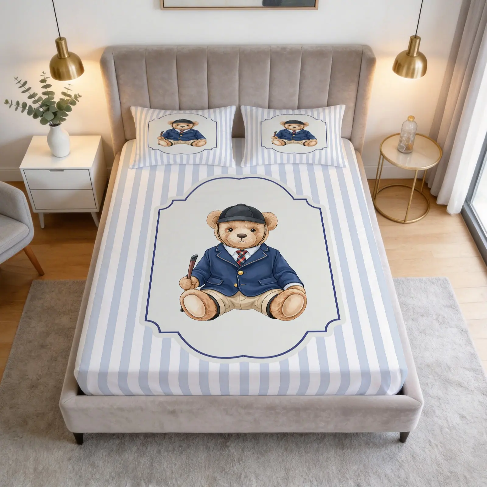 Cute Striped Teddy Bear Print Pattern Bed Sheet Set, 1 Bed Sheet With 2 Pillowcases (Excluding Pillow Core), Available In Multiple Colors, Suitable For Bedrooms, Dormitories, And Guest Rooms, Suitable As Gifts And Decorations