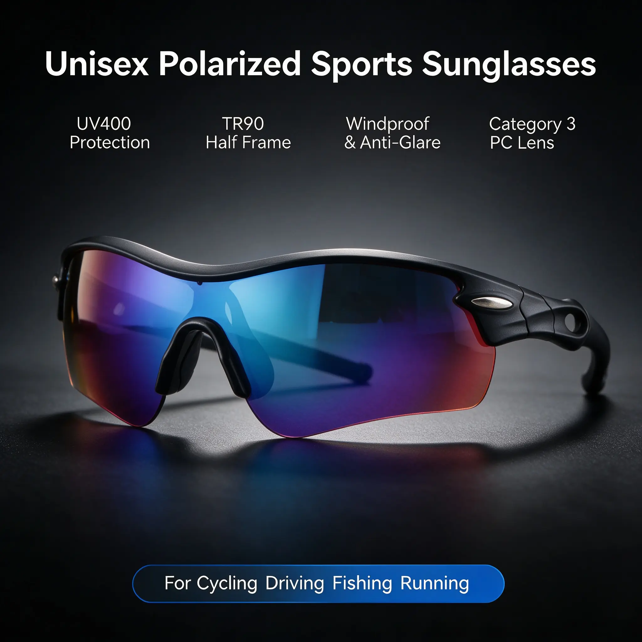 Unisex Sports Sunglasses, UV400 Protection TR90 Half Frame Windproof Goggles, Category 3 Anti-Glare PC Lens Sun Glasses, Lightweight Durable Protective Eyewear for Cycling Driving Fishing Running Outdoor Sports