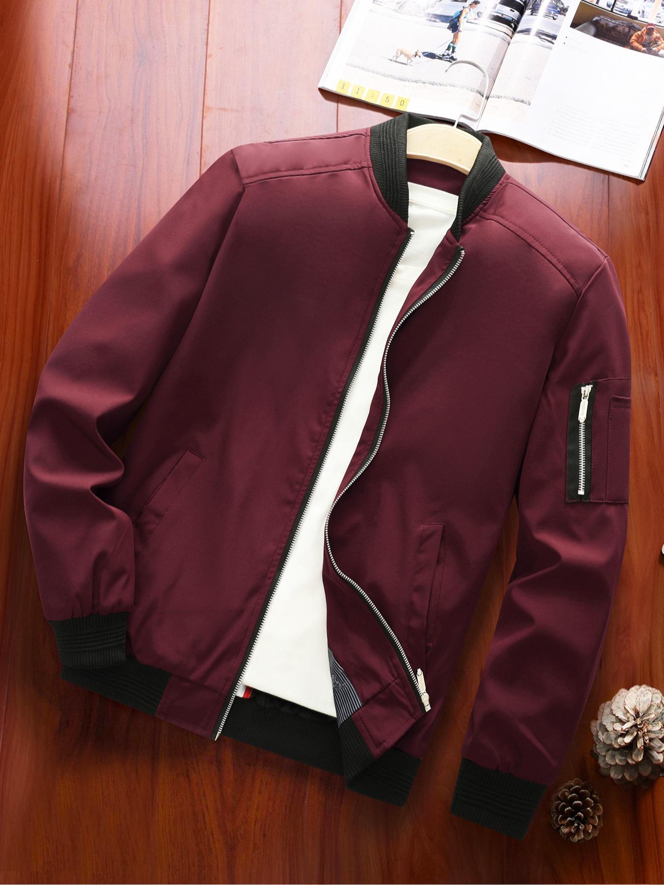 Men's Zipper Pocket Baseball Collar Varsity Jacket, Bomber Jacket Coat, Regular 2024 Mens Jacket, Casual Solid Color Baseball Jacket, Mock Neck Jacket, Going Out Outfit, Men's Streetwear Outerwear for Fall & Winter, Fall Clothes