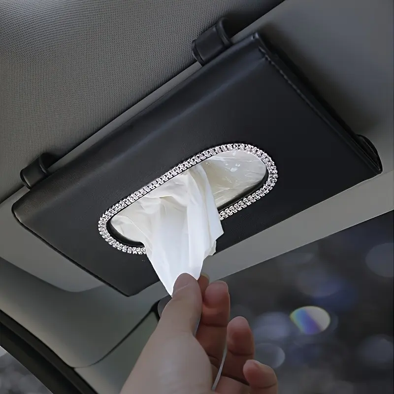 Luxury PU Leather Car Visor Tissue Holder with Sparkling Crystal Rhinestone Design, Universal Fit Auto Vehicle Napkin Dispenser Accessory