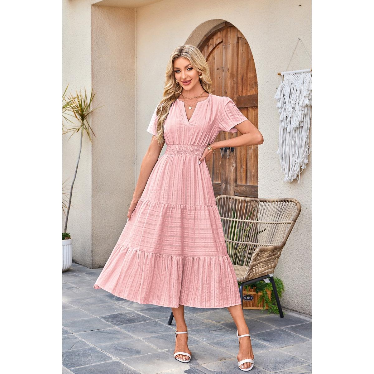 Womens Summer 2026 Casual Midi Maxi Dresses Lightweight Short Sleeve V Neck Elastic Waist Boho Beach Dress Pockets