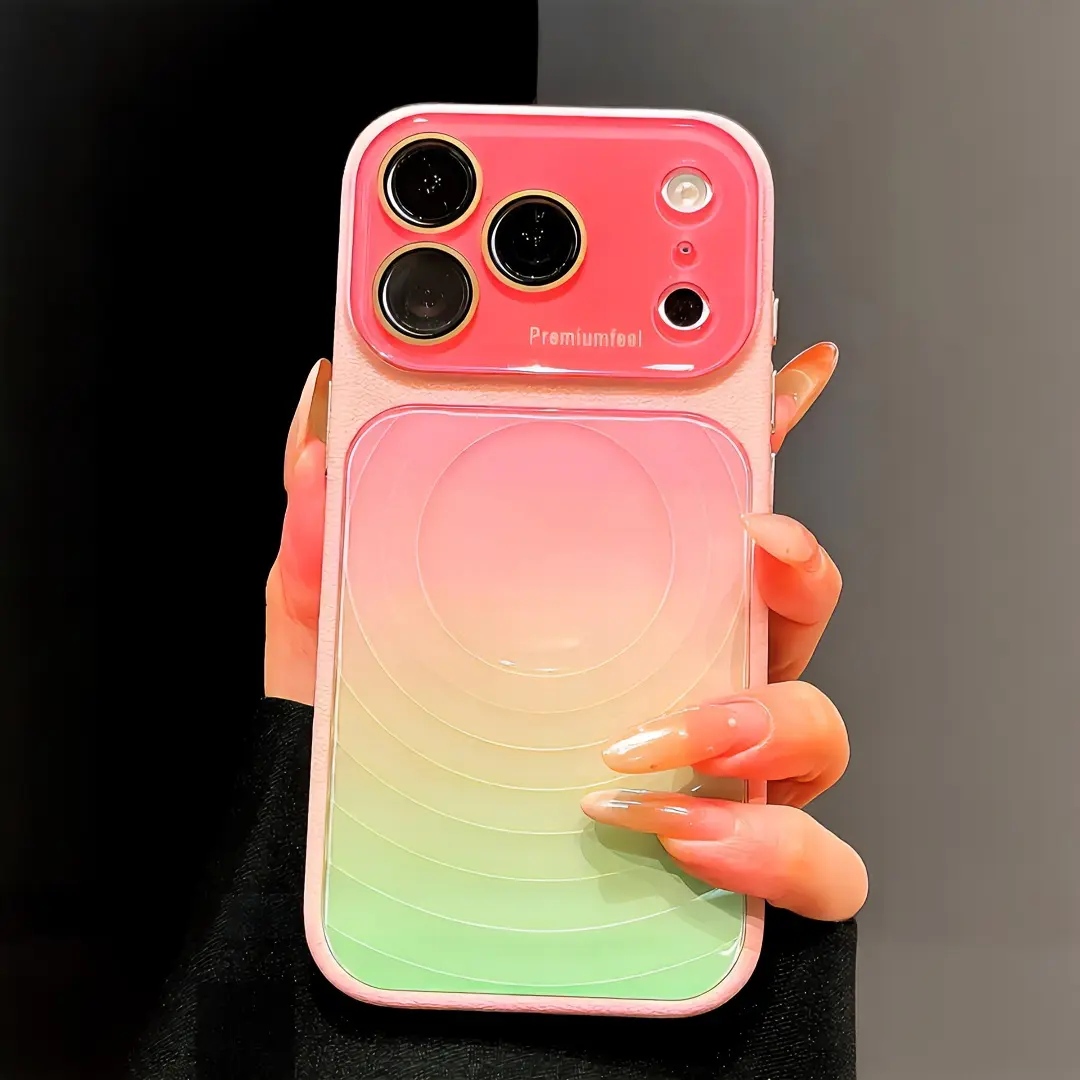 Dopamine Summer Fruit Color Gradient Polycarbonate Phone Case with Magnetic Back Panel, Crystal Lens Protection, Water Ripple Design for iPhone Series (15, 16, 17 Pro Max Models)