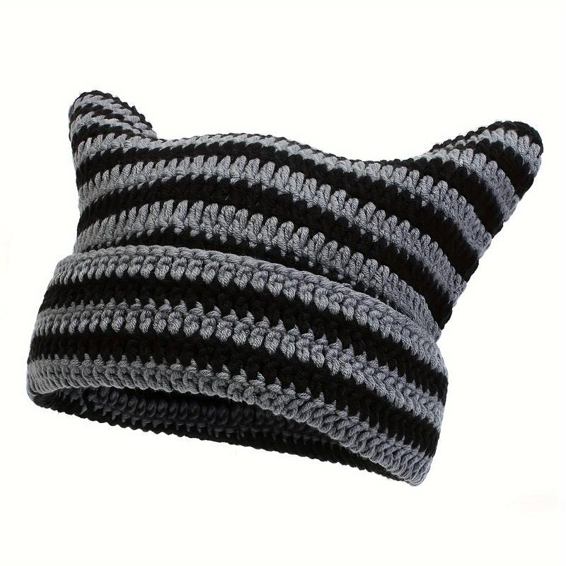 1pc Little Devil Cat Ear Pure Handmade Crochet Knitting Bean Hat Unisex Outdoor Street Casual Fashion Hip-hop Hat Cool Versatile Hood Machine Washable