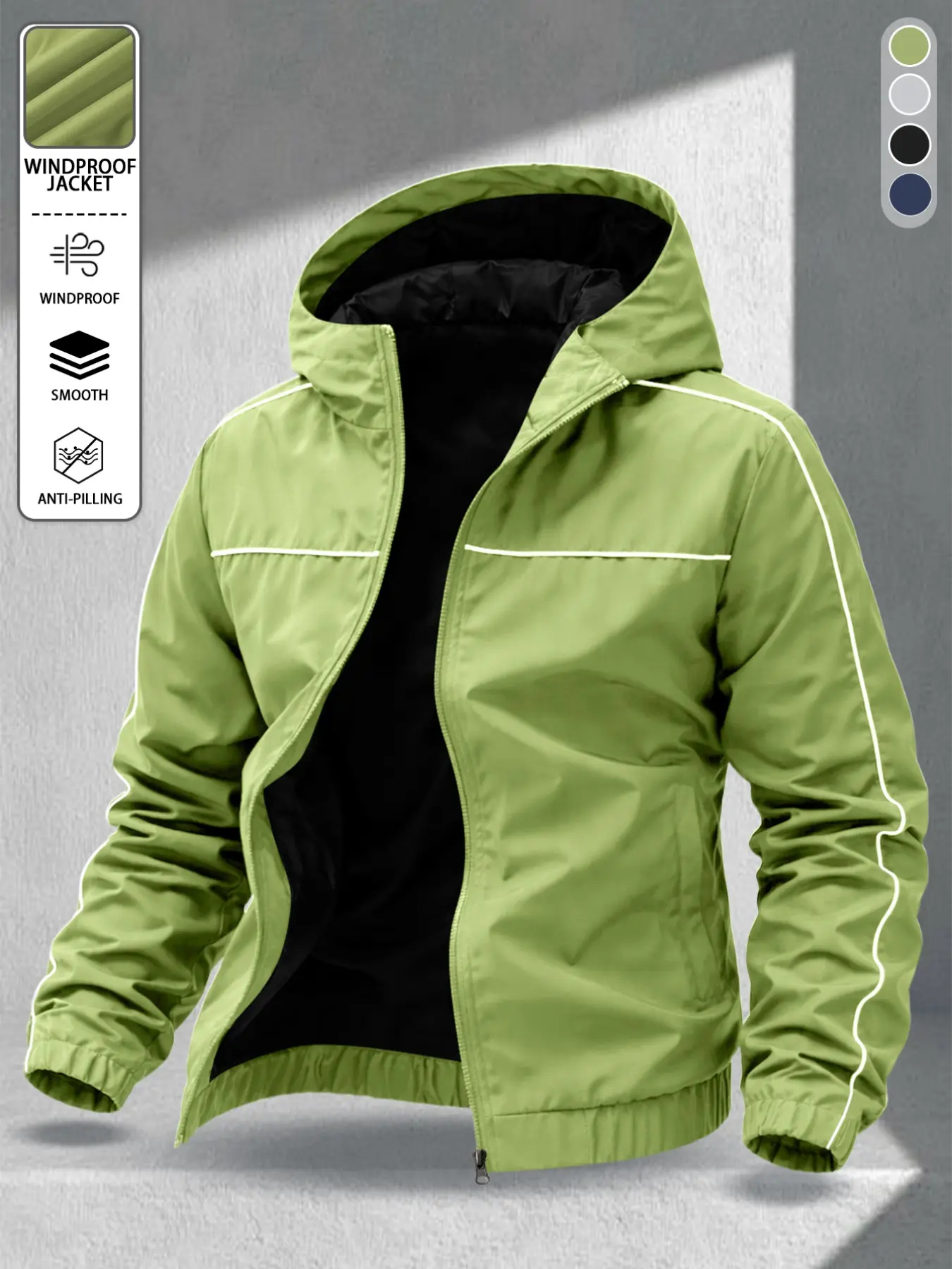 Men's Minimalist Hooded Flying Jacket, Loose-Fitting Long Sleeve, Casual All-Season Outerwear, Coats, Four Solid Colors, Pull-On Closure