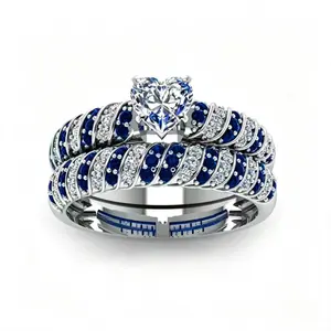 Trendy Heart Shaped CZ Ring Set Shiny Blue Crystal Wedding Bands Fashion Two Piece Finger Jewelry Gift for Women