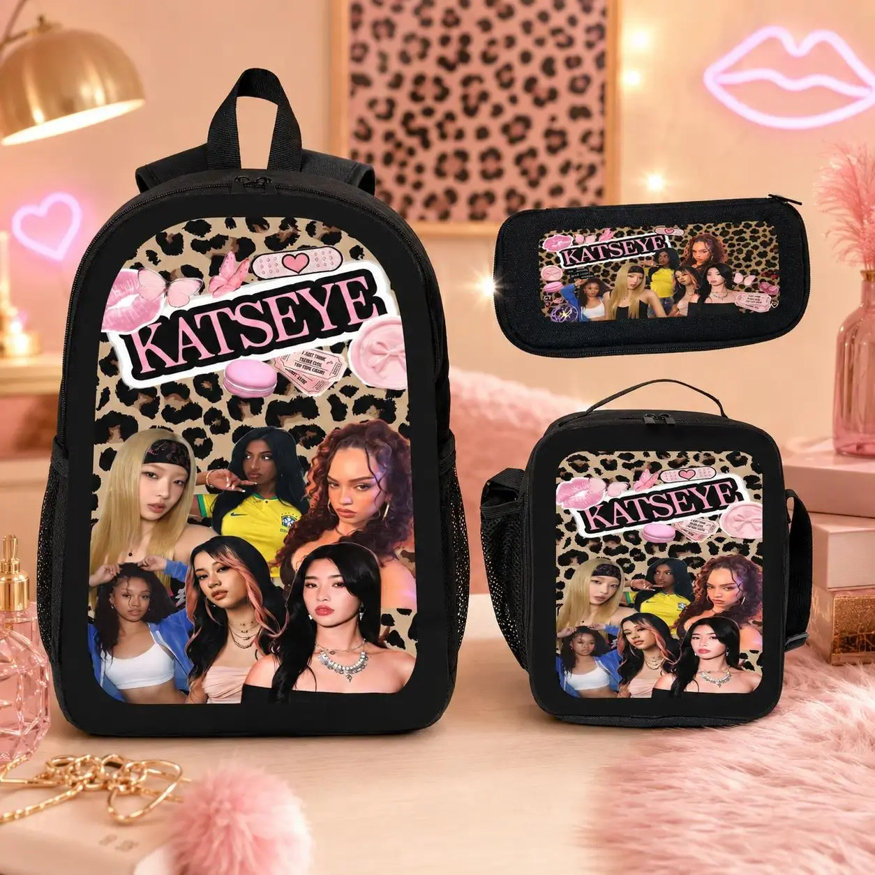 Kpop KATSEYE Style Pink Backpack Set For Teen Girls, 3-Piece Lightweight School Bag With Lunch Box & Pencil Case, Large Capacity Travel Daypack For Music Fans, Kpopstyle, Fashionable Design