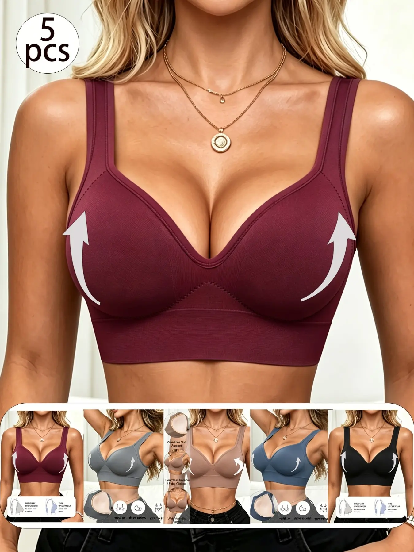 5-Pack Seamless Wireless Push-Up Bras, Full Coverage Comfortable Support Sports Bra, No Underwire Anti-Sag Daily Lingerie Underwear