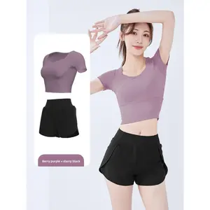Women's 2-Piece Gym Set - Tight Short-Sleeve Top with Built-In Chest Pads + Shorts, Women's Gym Wear for Yoga, Running, 2 Piece Sets