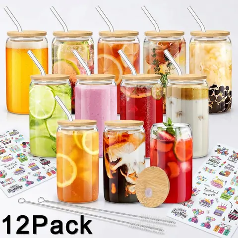 16oz Classic Stylish Round Stain Resistant Thick Wall Glass Cups Set of 12 with Bamboo Lids, Glass Straws & 2 Cleaning Brushes, Multipurpose Kitchen Drinkware for Iced Coffee, Whiskey