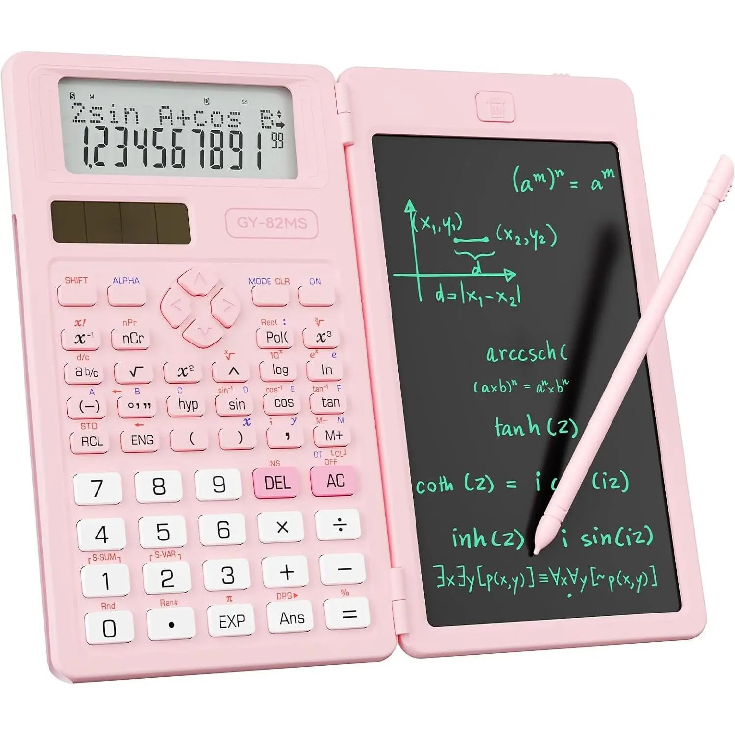 82MS Scientific Calculator with Notepad, 240 Functions, 2-Line Display, Foldable, Solar and Battery Power - Cute Pink School Supplies for Middle & High School Girls