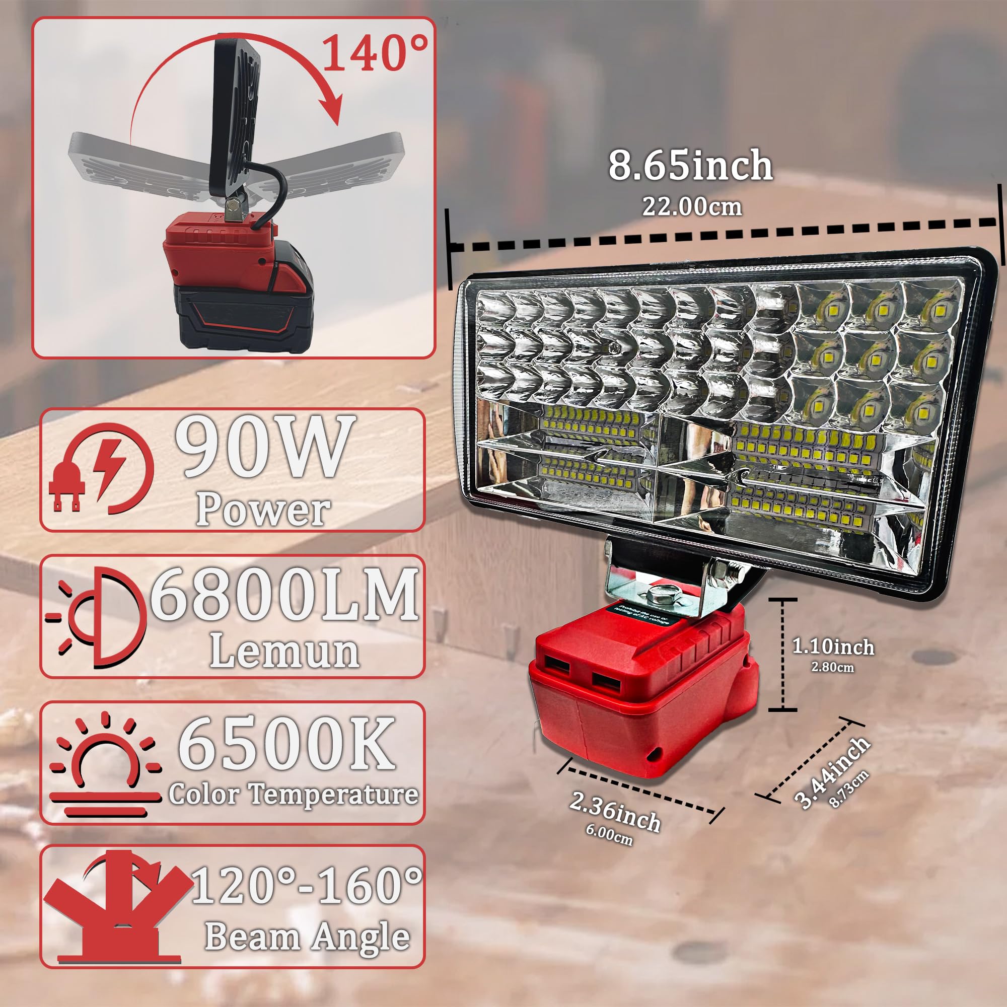 Milwaukee 18v Cordless LED Work Light, 90w 5400lm Wide Beam Floodlight, Dual USB Charging Ports, Ideal for Emergency Garage Workshop Use