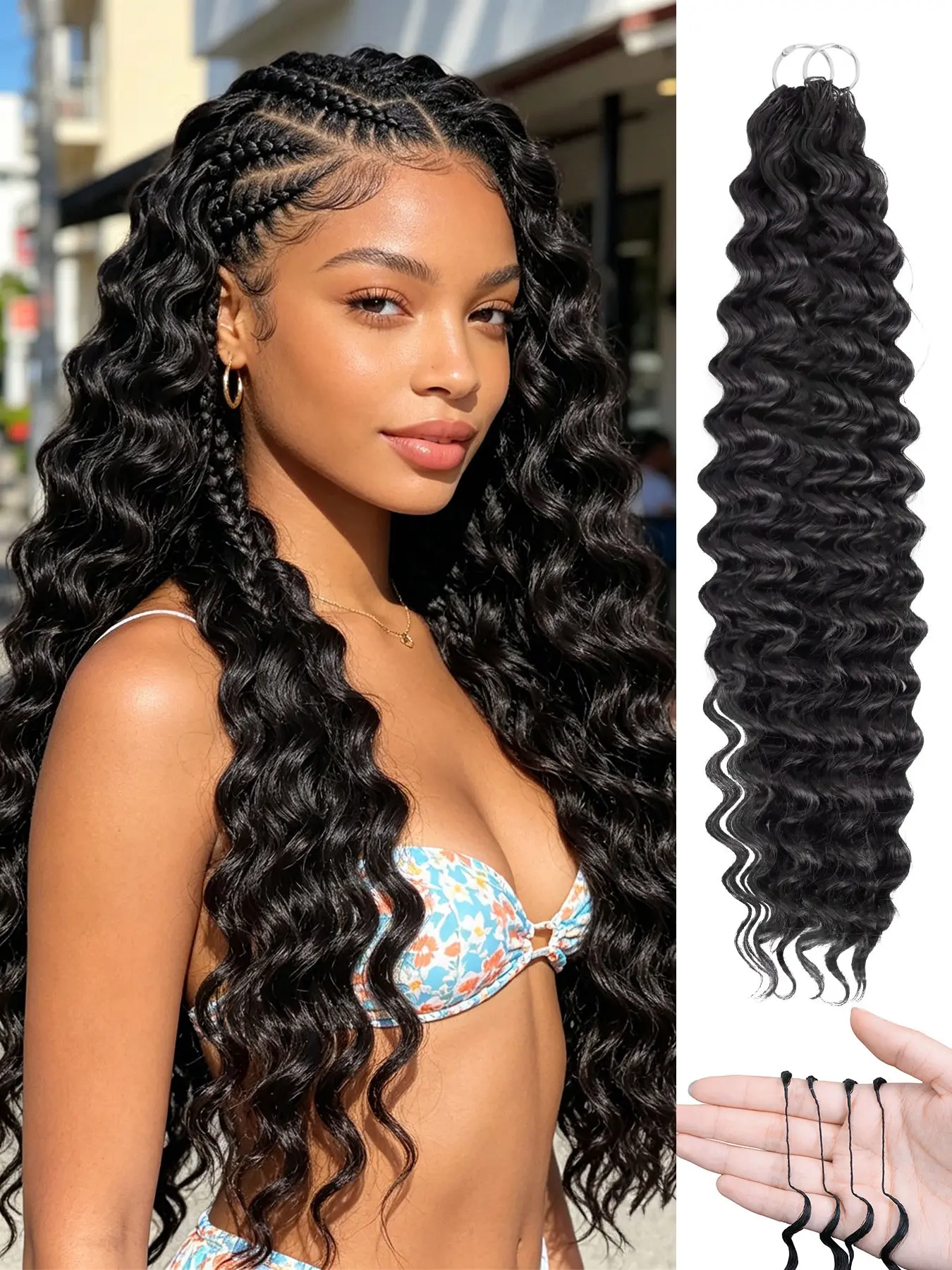 Miracle Knots Feather Crochet Hair Deep Wave 16/18/20/22 Inch  Hand-Tied Synthetic Hair Extensions, 50 Strands Feather Miracle Knots Crochet Invisible Pre-Separated Wavy Hairpieces