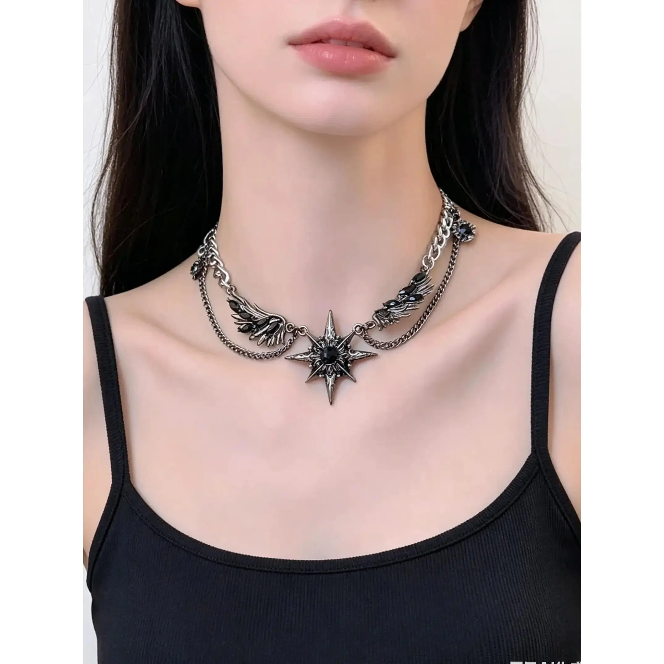 Dark Gothic Silver Chain Charms Necklace with Wing Star Pendant, Unique Sweet Cool Style Jewelry for Women, Fashionable Party Accessory, Charms Choker Necklace, Curb Cuban Chain, Chunky Necklace