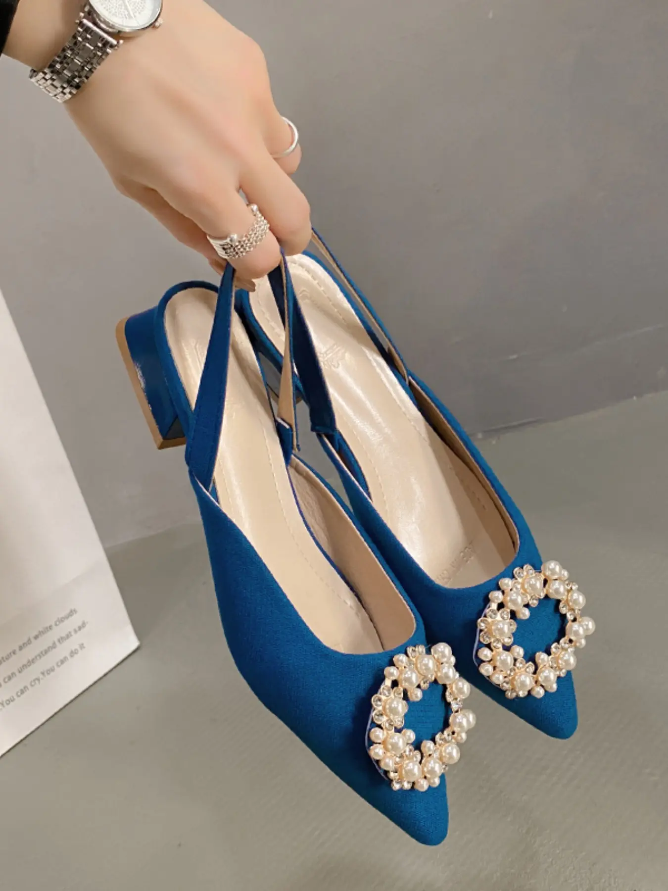 Women's Textured Woven Fabric Pointed Toe Pearl Rhinestone Circle Ornament Elastic Slingback Trapezoid Low Block Heel Pumps Slip On Backless Non Slip Cloud Cushioned Arch Support All Day Walking Comfort Wedding Bridal Office Date Vacation Footwe, Footwear