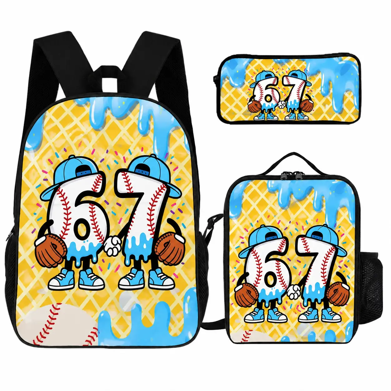 67 Baseball Backpack 3 Set, Unisex Youth School Bag, Ice Cream Drip Backpack Lunch Bag Pencil Case, Back to School Gift, Baseball Lover Backpack Set