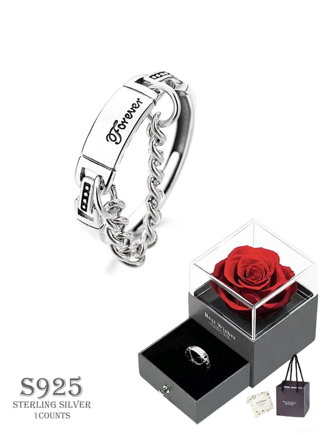 925 Sterling Silver Vintage Letter Detail Chain Decor Cuff Ring, Vintage Embossed Ring, Adjustable Open Ring, Trendy All-match & Exquisite Jewelry for Birthday Gifts for Girlfriend