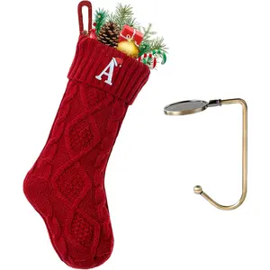 Christmas Stockings with Initials Letter A Embroidered 18" Large Monogram Knitted Xmas Stocking for Christmas Party Fireplace Family Hanging Decorations 1 Pack Red
