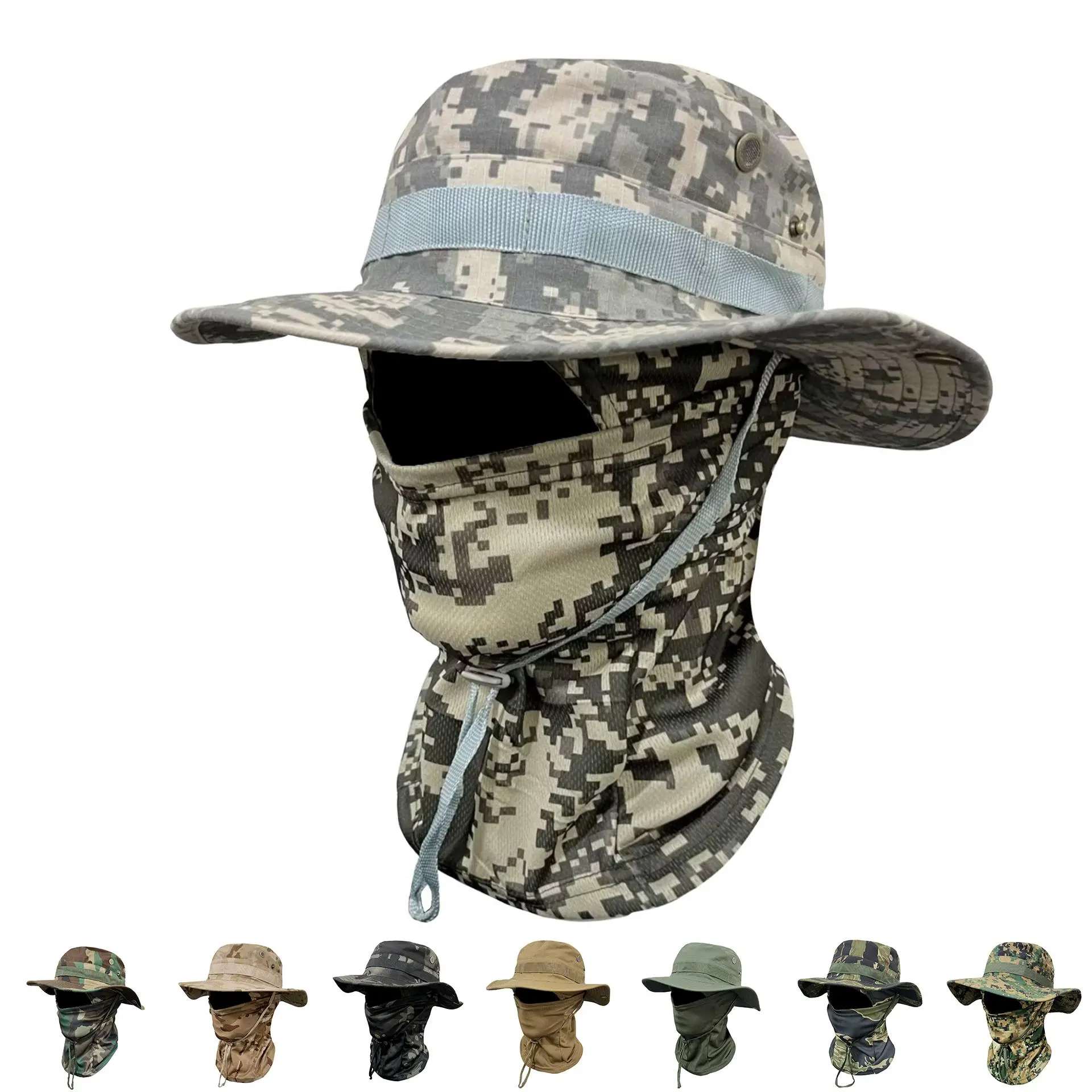 Camouflage Fisherman Hat with Mask,  Outdoor Bucket Hat Set, Boonie Hat, Detachable Neck Flap & Face Cover for Sun Protection, Breathable Mesh Vents for Hiking, Camping, Fishing, and Tactical Outdoor Activities summervibes