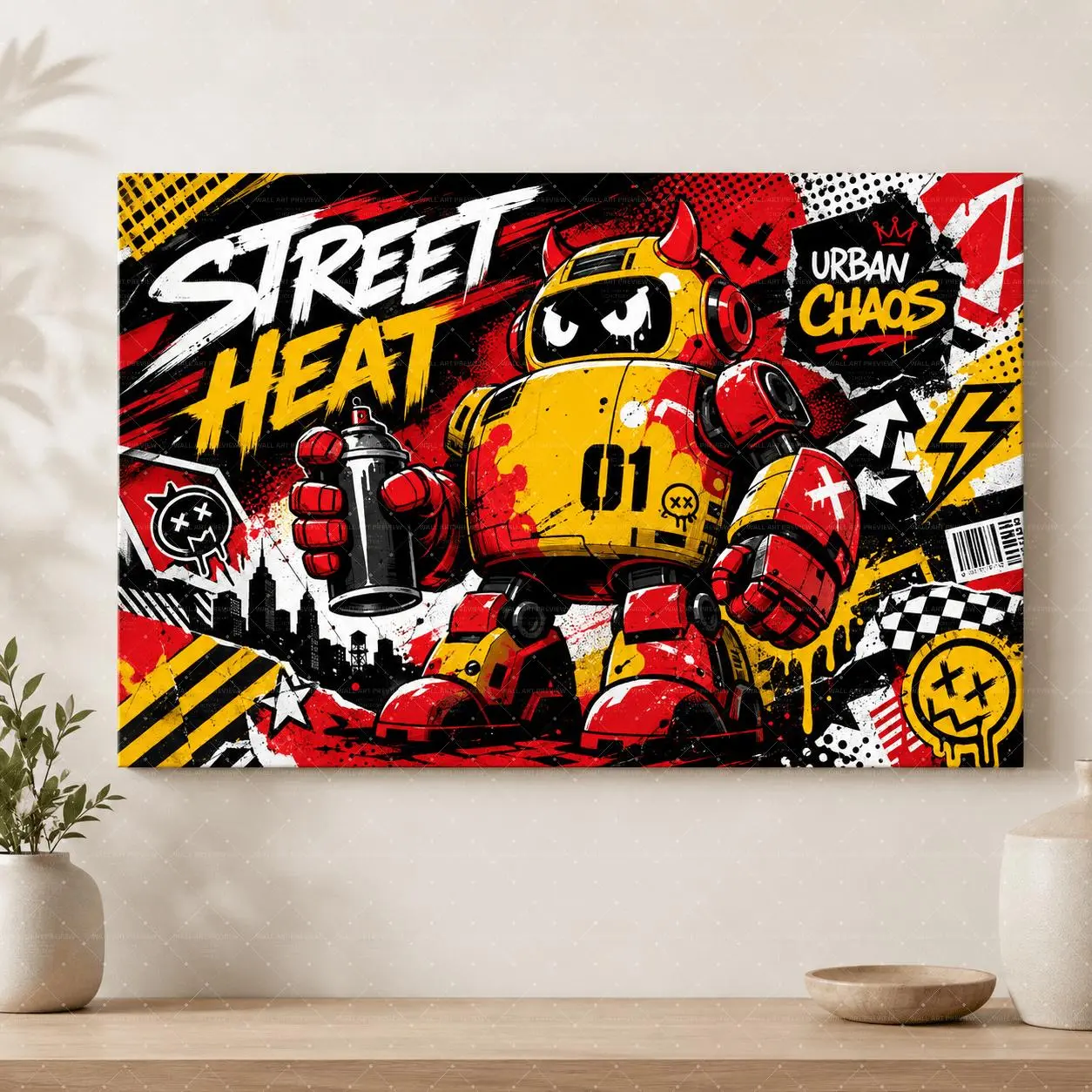 Street Heat Red Yellow Graffiti Canvas Poster, Devil Robot Wall Art, Bold Streetwear Print for Living Room, Teen Bedroom, Gaming Room, Modern Aesthetic Home Decor Gift,wall decor,poster.