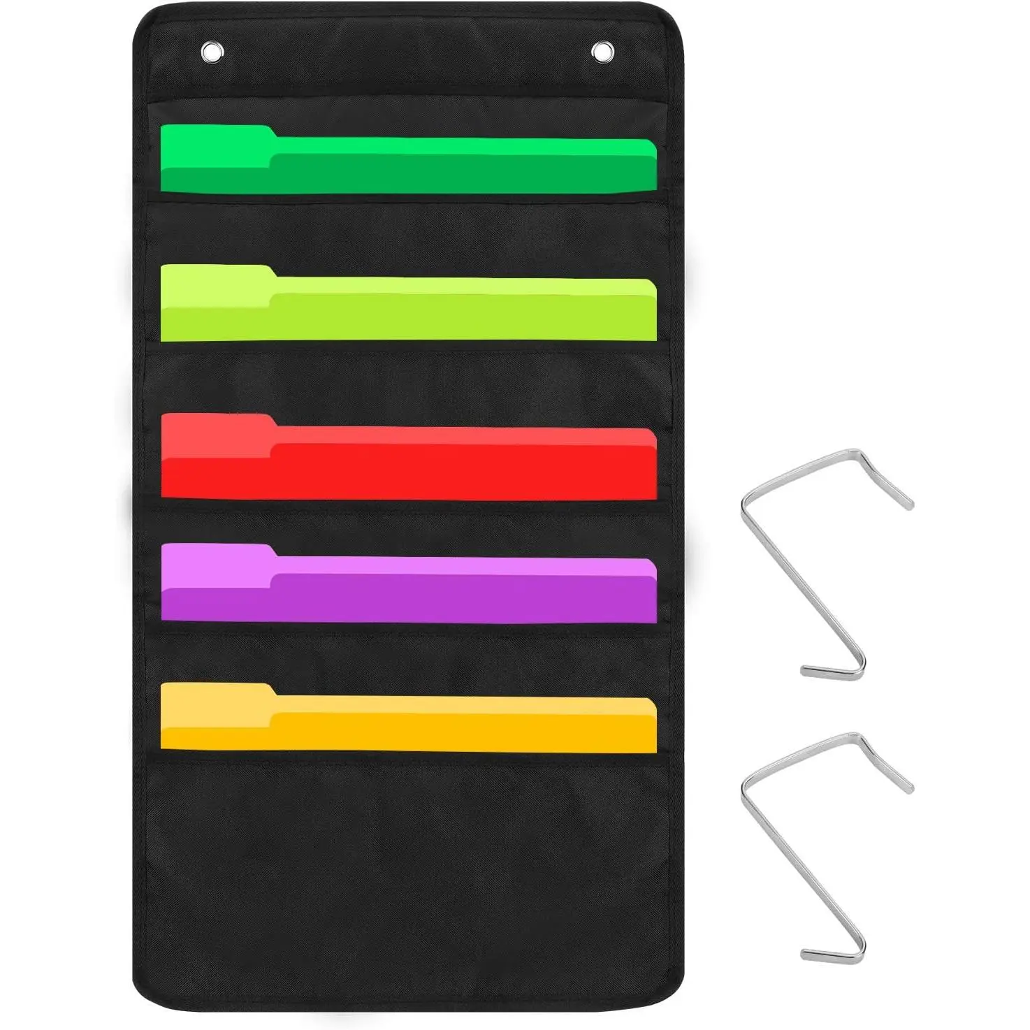 Heavy Duty 5 Pocket Door  File Organizer, Black Wall Storage Pocket Charts with 2 Hangers,  for Classroom, School,  or Office Use (5 Pocket)