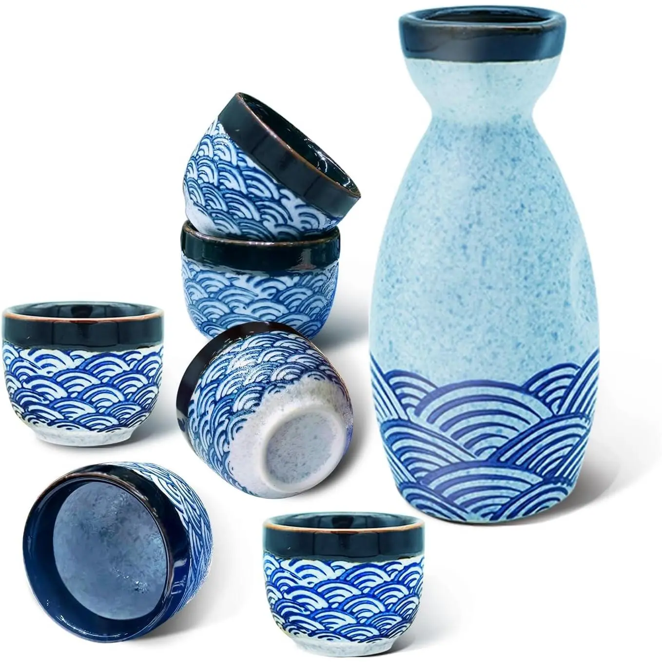 Porcelain Japanese Sake Set, Ceramic Bottle and Cups for Sake, Dishwasher & Microwave Safe, Blue Wave Pattern, 1 Sake Bottle and 6 Sake Cups