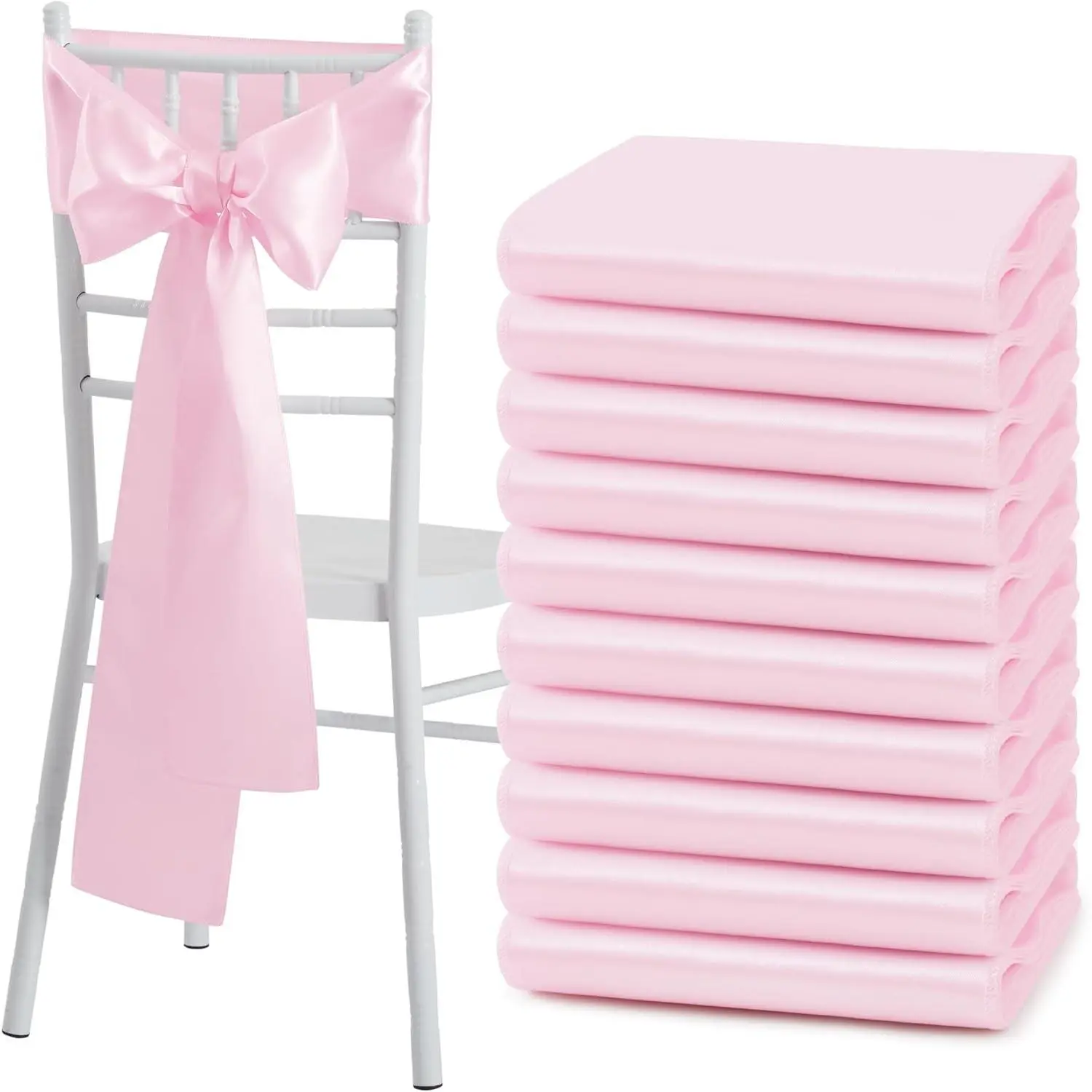 Pink Satin Chair Sashes, 6 x 108 inch, 50 Pcs, Bows, Universal Chair Cover, Wedding Reception Events Banquets Party, Hotel Event Decorations