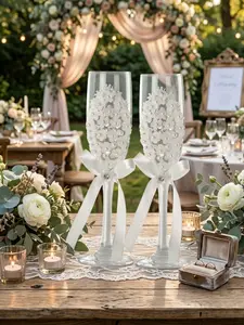 2-piece wedding champagne glass elegant pearl flower lace bride and groom wish glass White Ribbon rhinestone bow bride goblet reusable transparent glass for wedding reception, engagement, anniversary, bridal shower, luxury celebration, gift