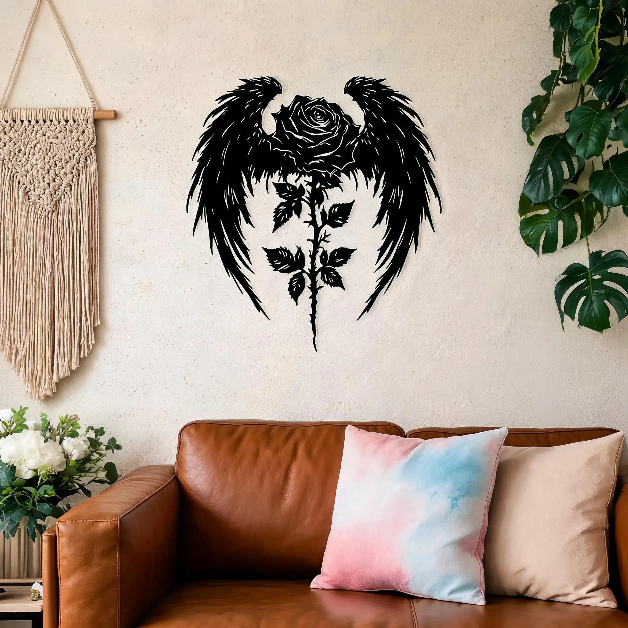 Gothic Rose Metal Wall Decor, Wings & Eyes, Rust-Resistant Iron Art, Vintage Style, Aesthetic Wall Decor, Bedroom, Halloween, Christmas Gift, Artistic, Decorative Artwork, Unique Artwork, Decoration, Ornaments