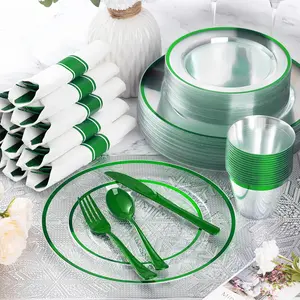 350pcs Green Plastic Dinnerware Set for St. Patrick's Day, Clear Disposable Plates for 50 Guests, Include 50 Dinner Plates, 50 Dessert Plates, 50 Pre Rolled Napkins with Cutlery Set, 50 Cups