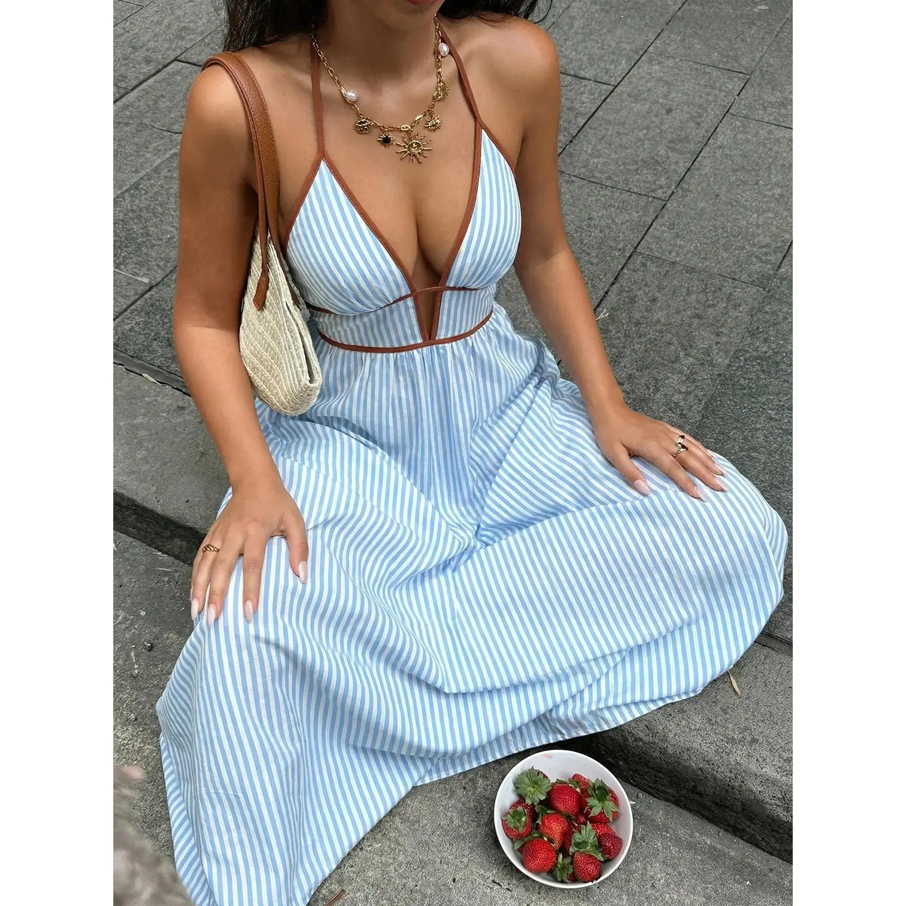 Women’s Sexy Halter Sleeveless Midi Dress Summer Backless Striped Detail Party Club Dress Casual Vacation Outfit 2026 Trendy Dress..